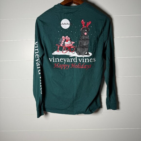 Vineyard Vines Green Happy Holidays Long Sleeve T-Shirt Black Dog XS - Picture 3 of 6